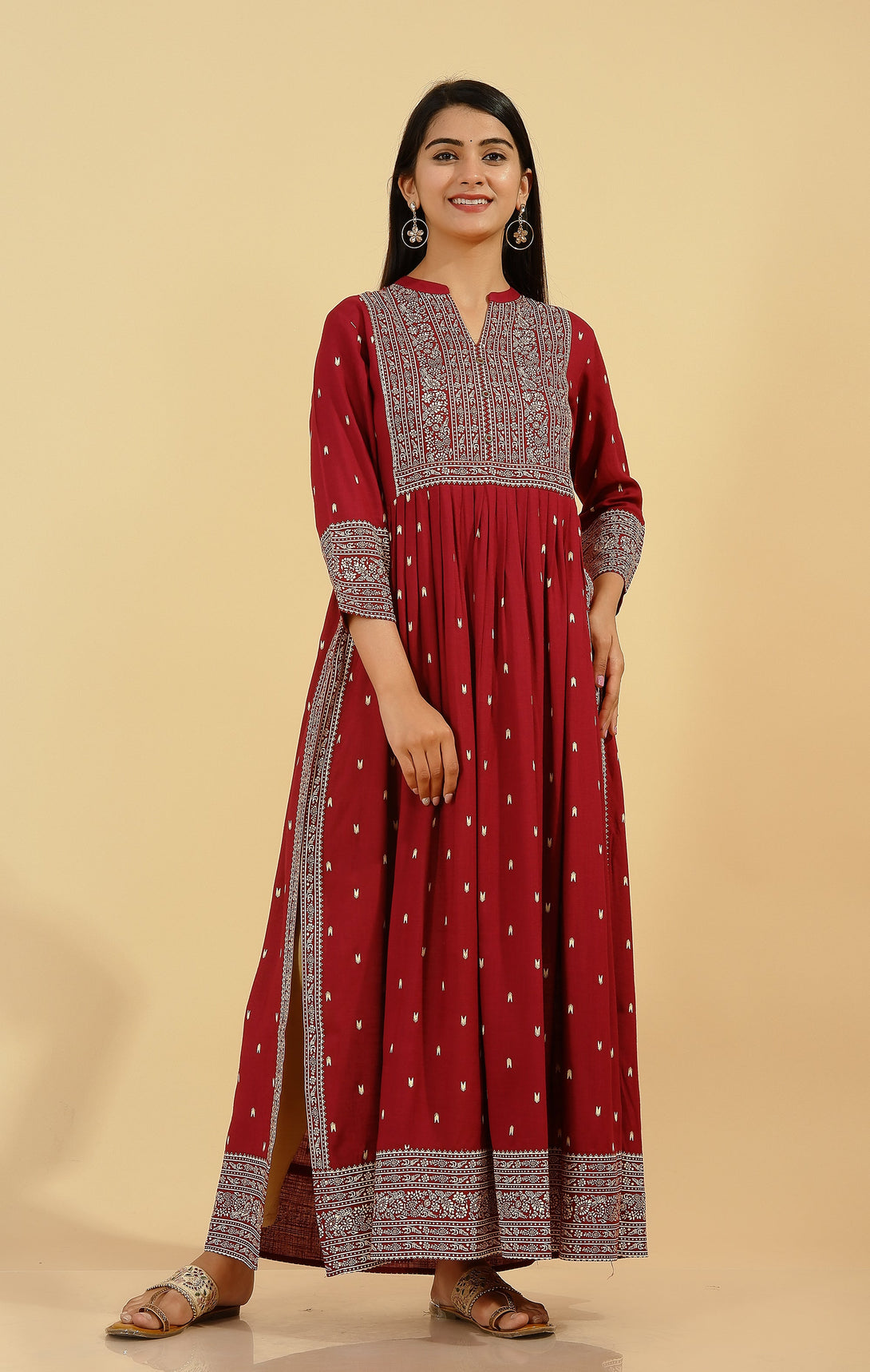 Women's Rayon Printed A-Line Kurta (Maroon) - Kipek