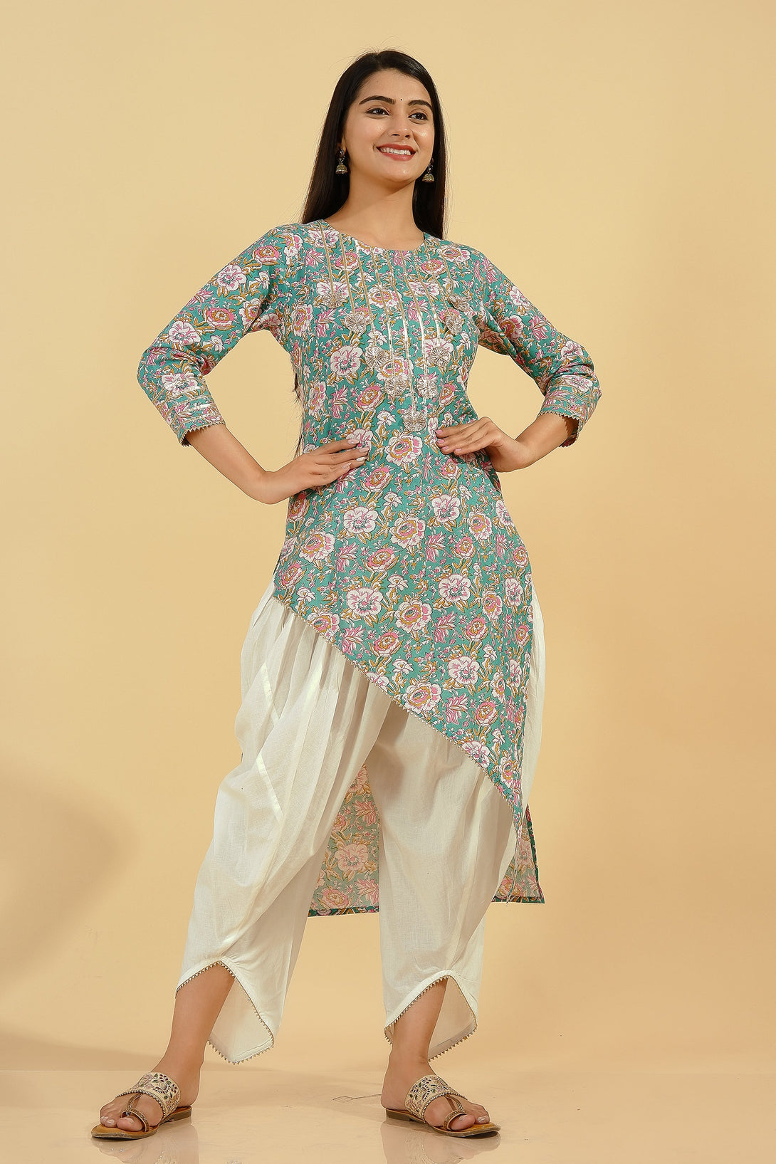 Women's Cotton Floral Asymmetric Kurta Set (Multicolor) - Kipek