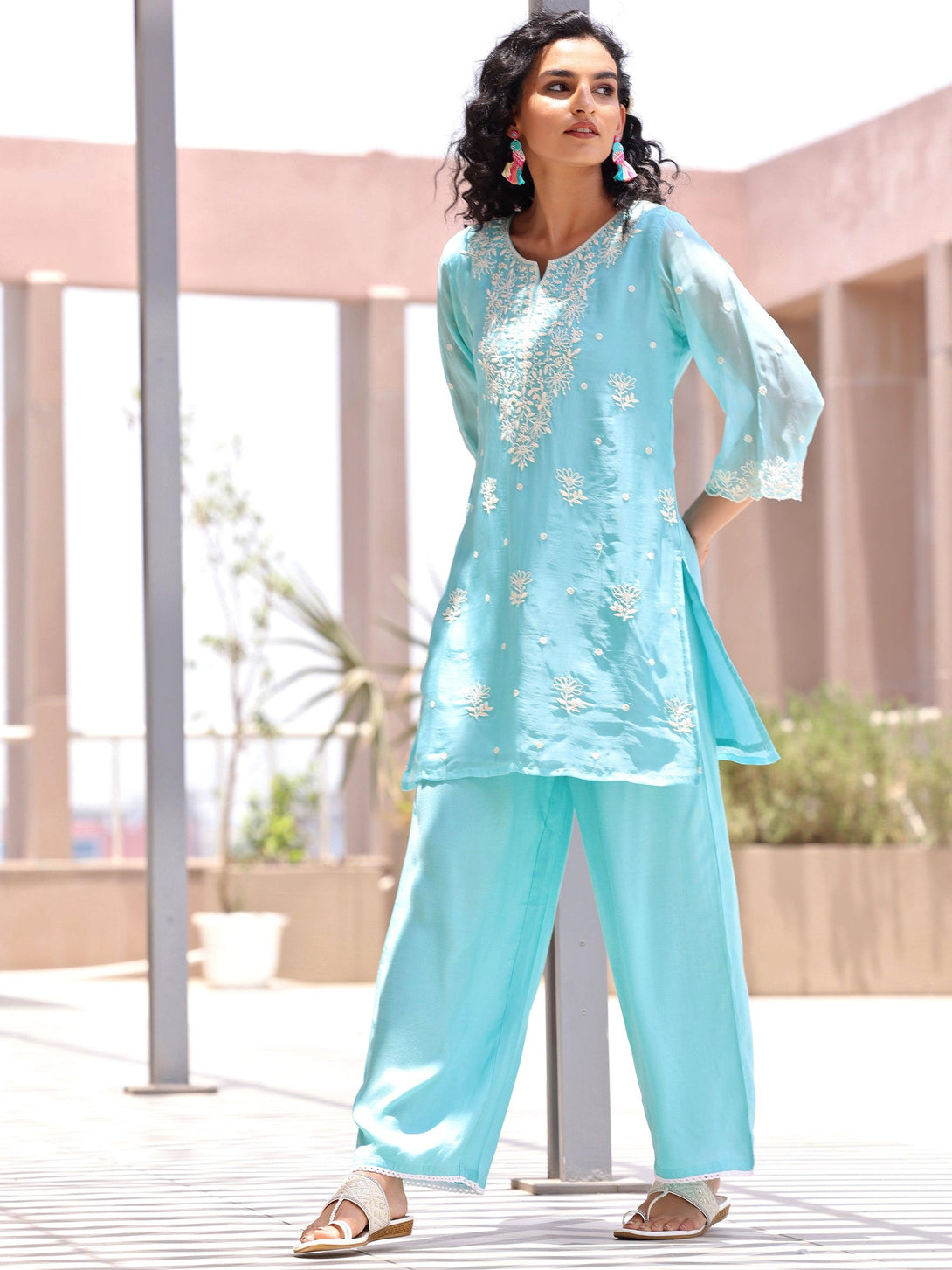 Turquoise Embroidered Silk Blend Co-Ords - Jashvi