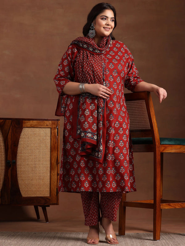 Plus Size Rust Printed Cotton Straight Suit With Dupatta