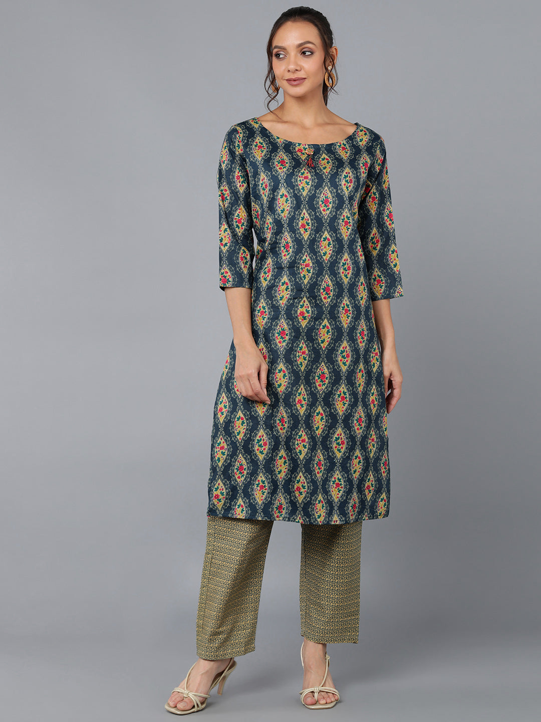 Women's Cotton Blend Printed Straight Kurta Set (Teal Blue) - Kipek