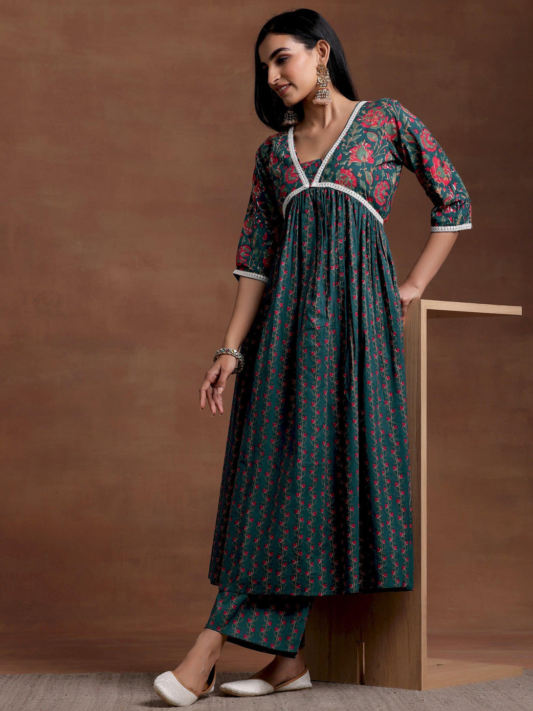 Blue Printed Cotton A-Line Kurta With Palazzos - Jashvi