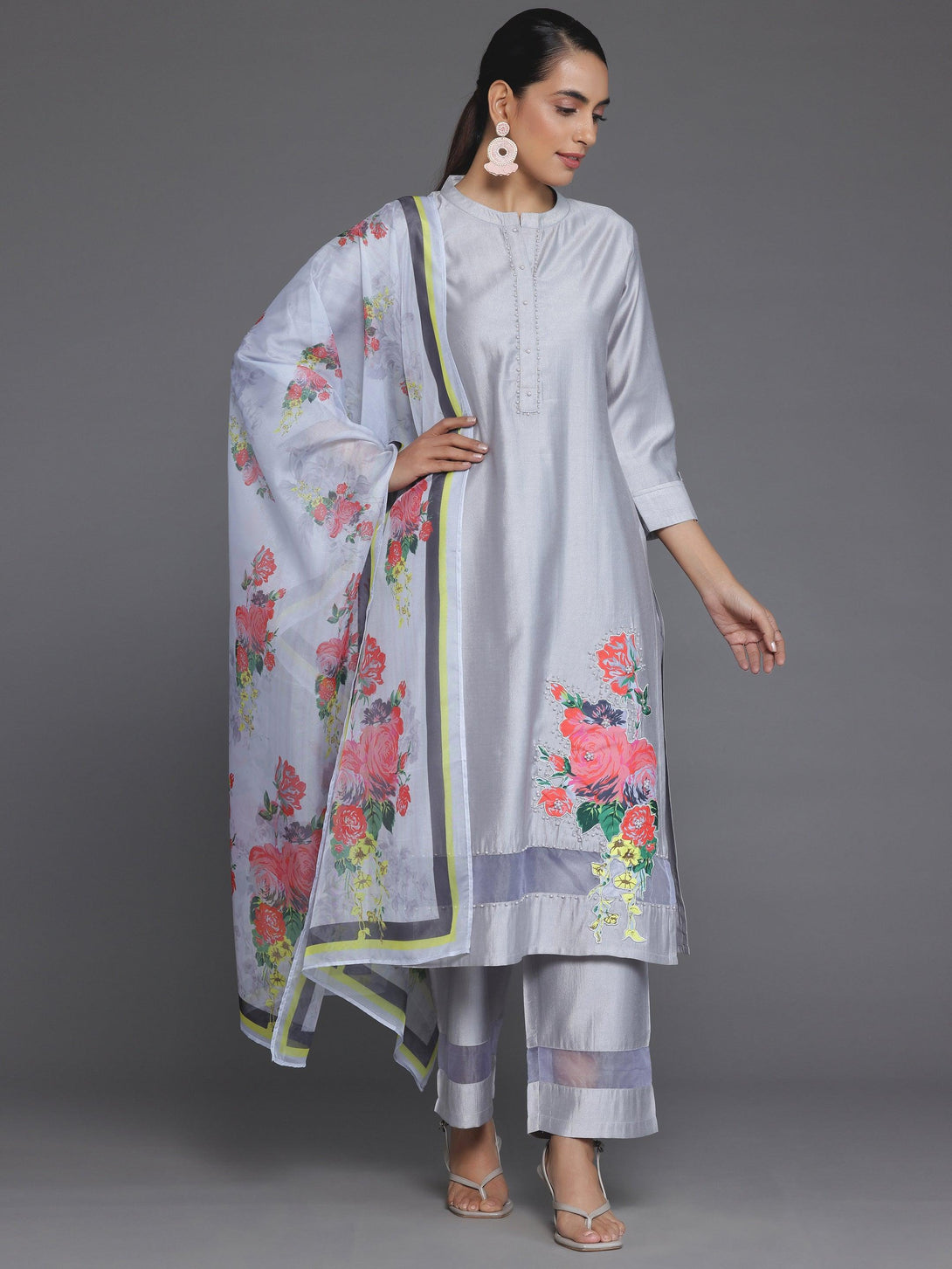 Grey Self Design Silk Blend Straight Suit With Dupatta - Jashvi