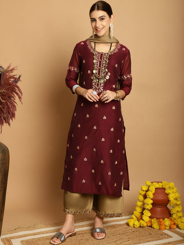 Women's Wine Chanderi Palazzo Dupatta Set - Taantav