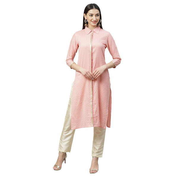 Women's Pink Cotton Check 3/4 Sleeve Shirt Collar Casual Kurta Only - Myshka