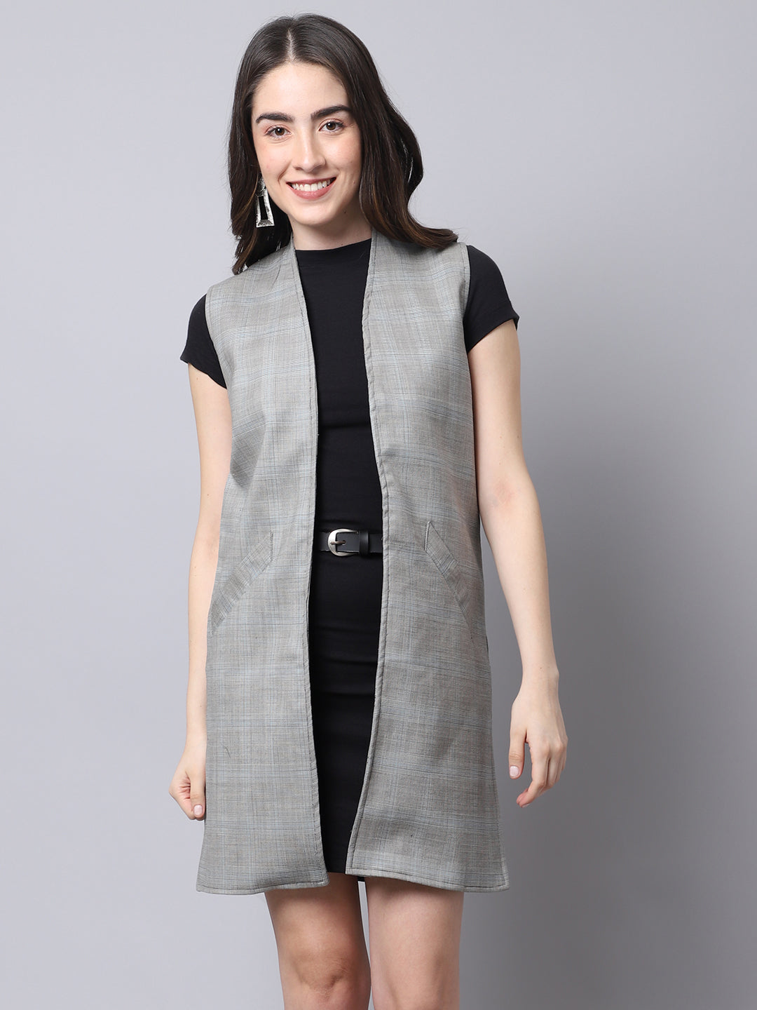 Women's Grey Open Front Checked Long Coat  - Even Apparels