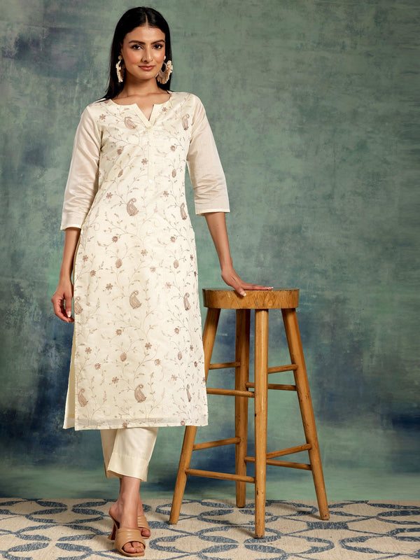 Off White Embroidered Chanderi Silk Straight Kurta - Jashvi