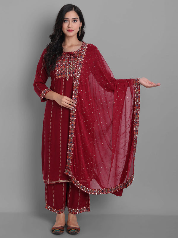 Women's Embroidred Kurta Pant And Dupatta Set (Red) - Noz2Toz