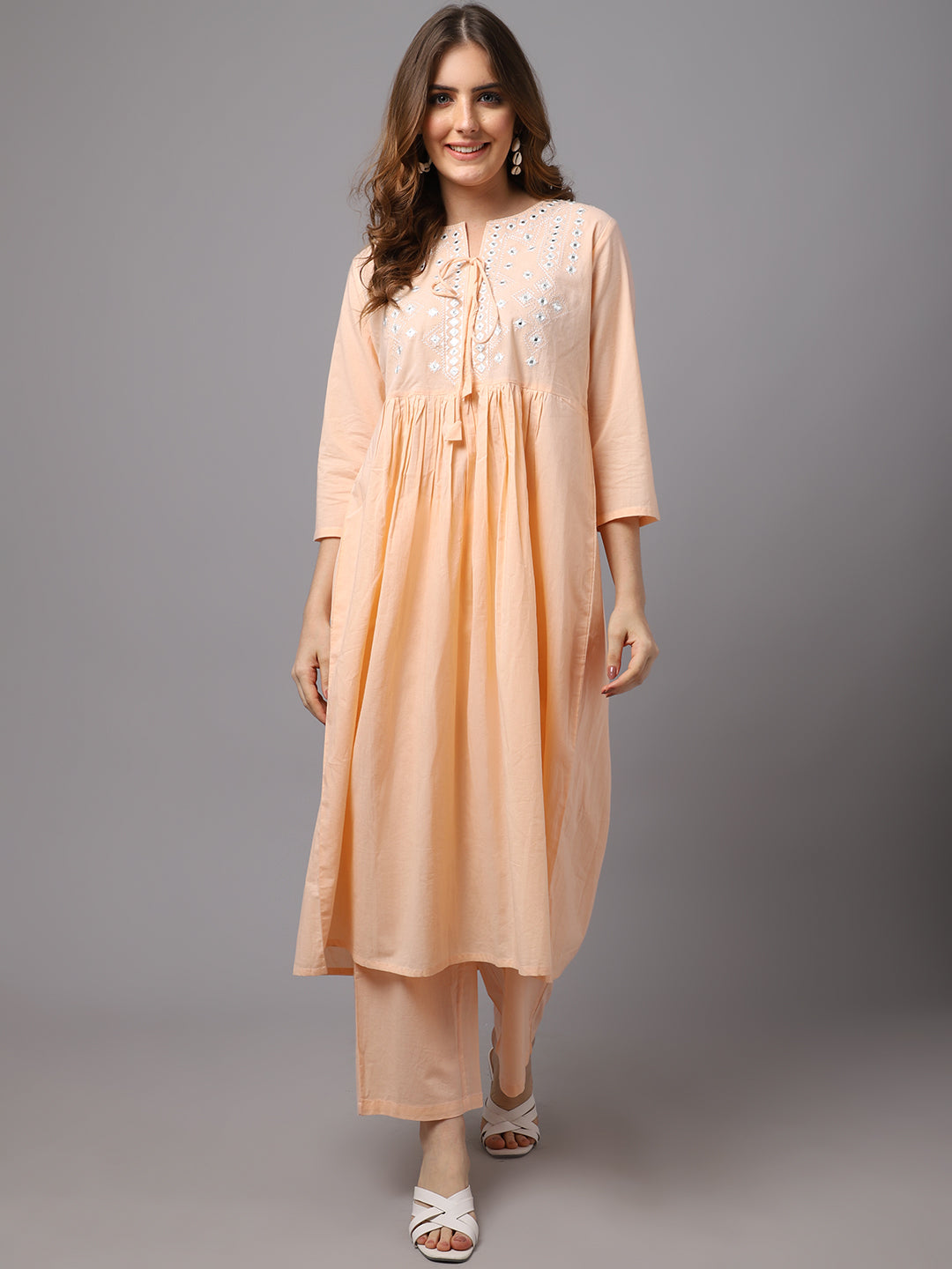 Women's Pastle Orange Mirror Work Kurta Set - Noz2Toz