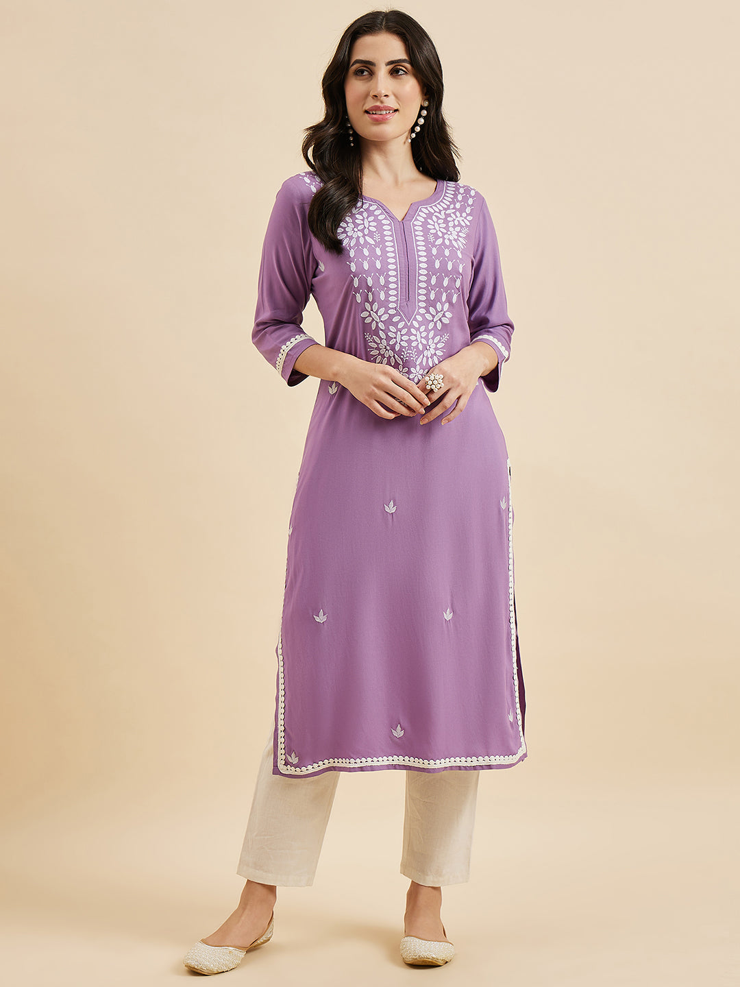 Women's Lavender Rayon Embroidered Straight Kurta - Azira