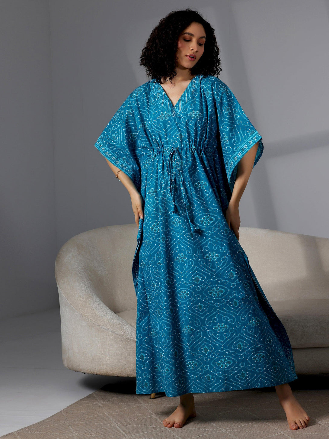 Blue Printed Cotton Kaftan Night Dress - Jashvi