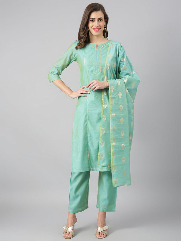 Women's Green Embroidered Solid Side Slit Straight Kurta Palazzo And Dupatta Set - Azira