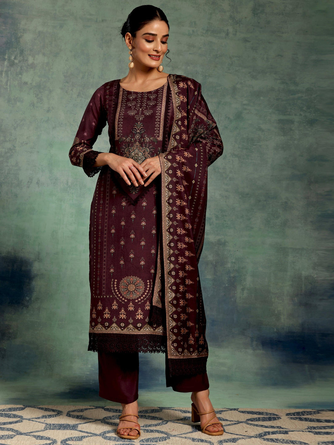 Wine Printed Silk Blend Straight Suit With Dupatta - Jashvi