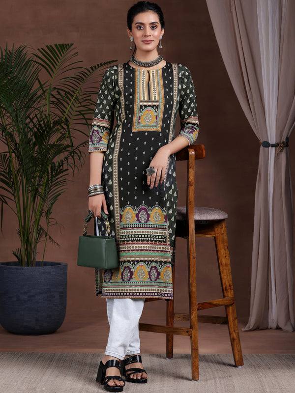 Black Printed Crepe Straight Kurta