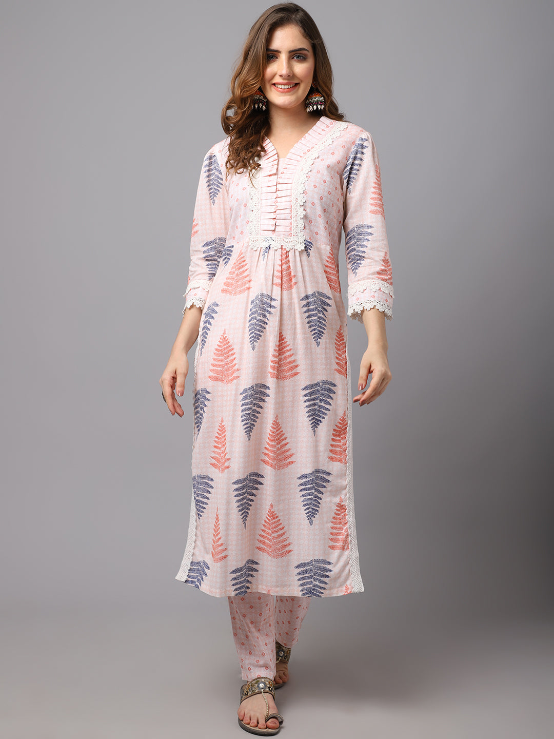 Women's Fern Leaf Print Kurta Set With Knife Pleat Frill Detailing - Noz2Toz