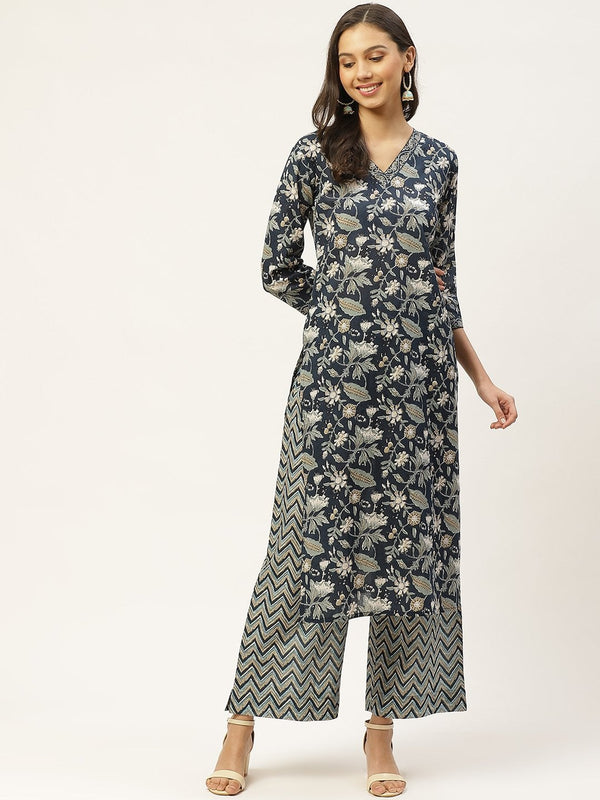 Women's Navy Blue & White Ethnic Motifs Hand Printed Cotton Kurta with Palazzos - Maaesa