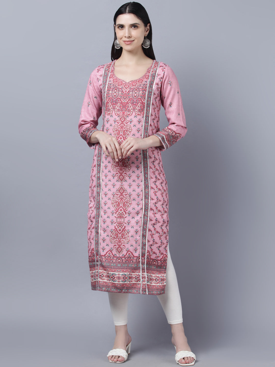 Women's Pink  Red Ethnic Motifs Printed Kurta - Myshka