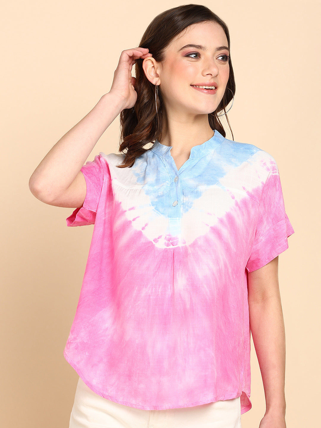 Women's Rayon Pink Tie & Dye Top - Maaesa