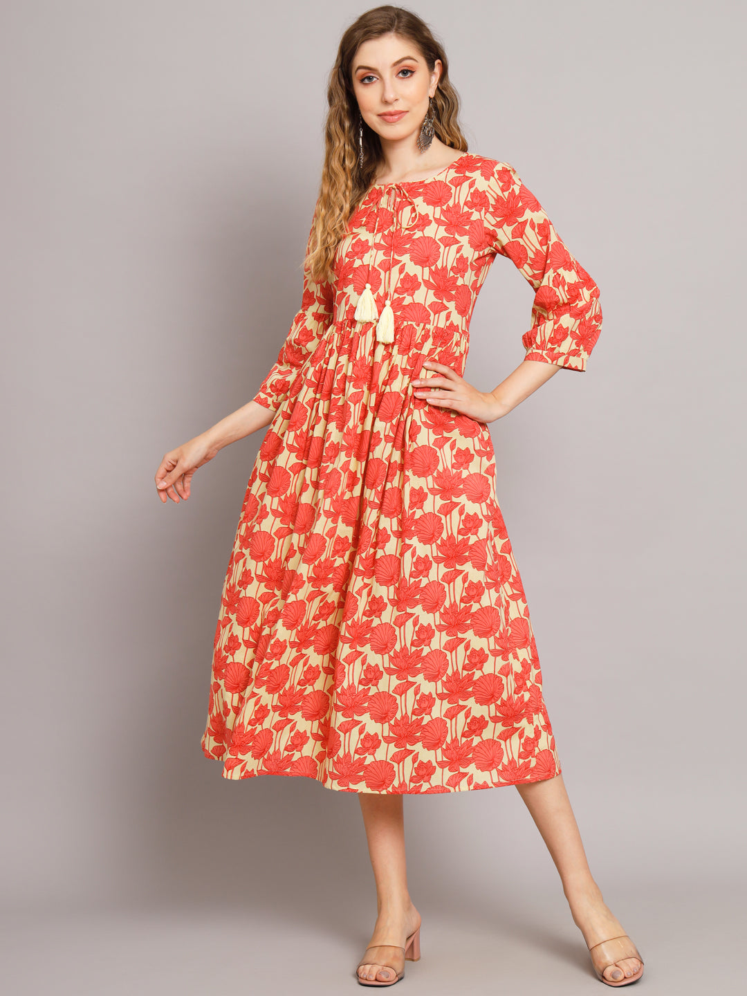 Women's Peach Printed Cotton Dress - Deckedup