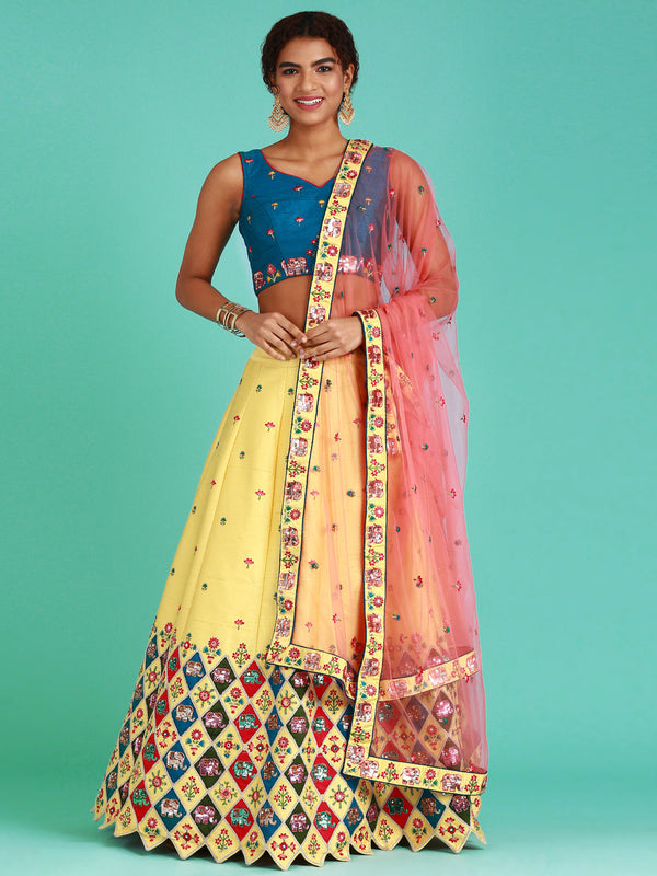 Women's Yellow Pure Silk Sequise Work Lehenga & Blouse With Dupatta - Royal Dwells