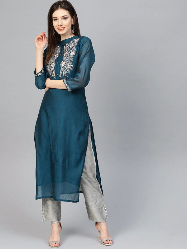 Women's Navy Blue & Grey Ethnic Motifs Embroidered Handloom Kurta with Palazzos - Varanga