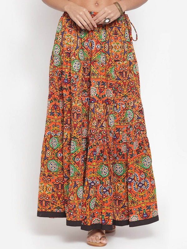 Women's KSUT Orange & Green Printed Maxi Flared Skirt - Varanga