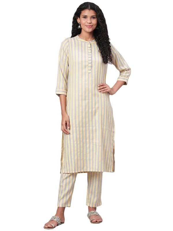 Women's Yellow Printed 3/4 Sleeve Cotton Maidran Coller Kurta & Palazzo Set - Myshka