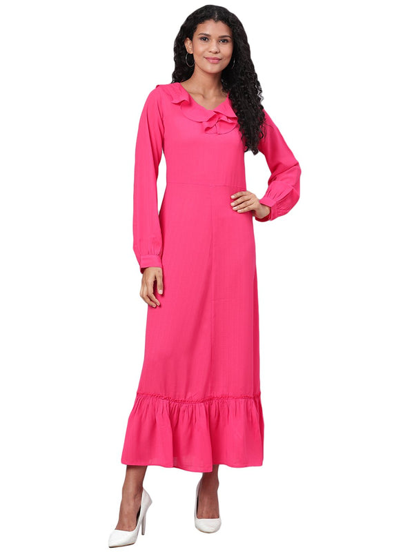 Women's Pink Solid Full Sleeve Polyester V Neck Casual Dress - Myshka