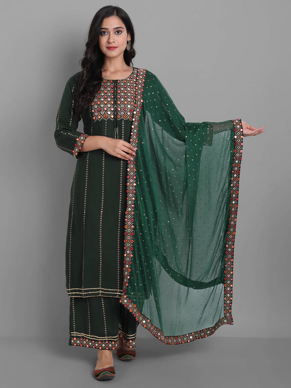 Women's Embroidred Kurta Pant And Dupatta Set (Green) - Noz2Toz