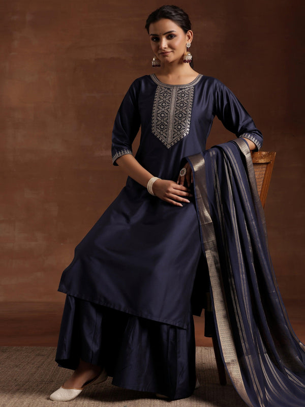 Blue Yoke Design Silk Blend Straight Suit With Dupatta - Jashvi