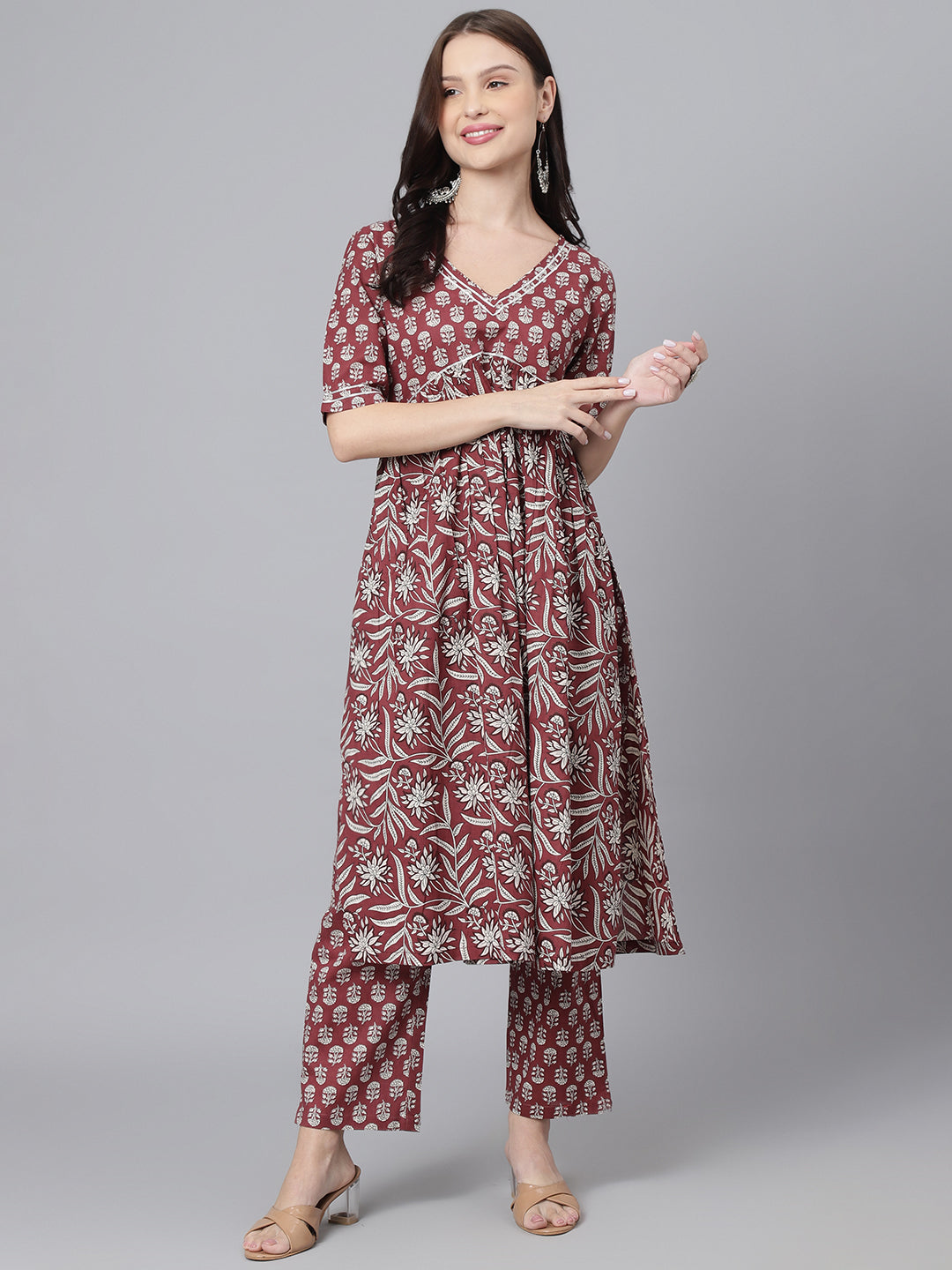 Women's Maroon Cotton Printed Gather Kurta - DECKEDUP