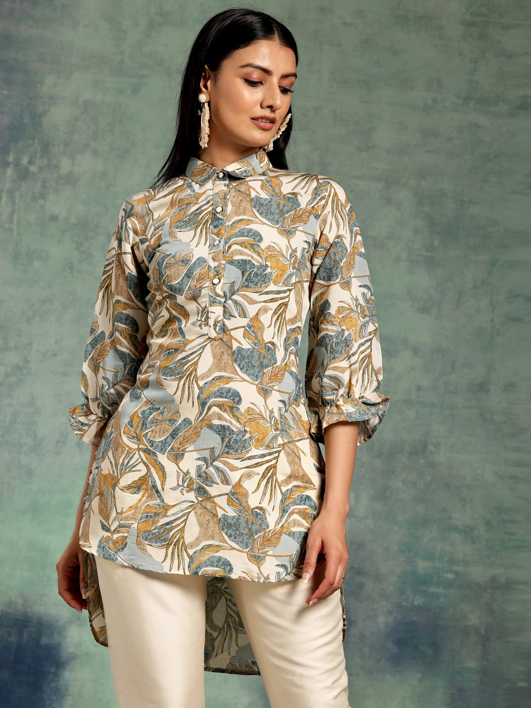 Beige Printed Silk Blend A-Line Kurti - Jashvi