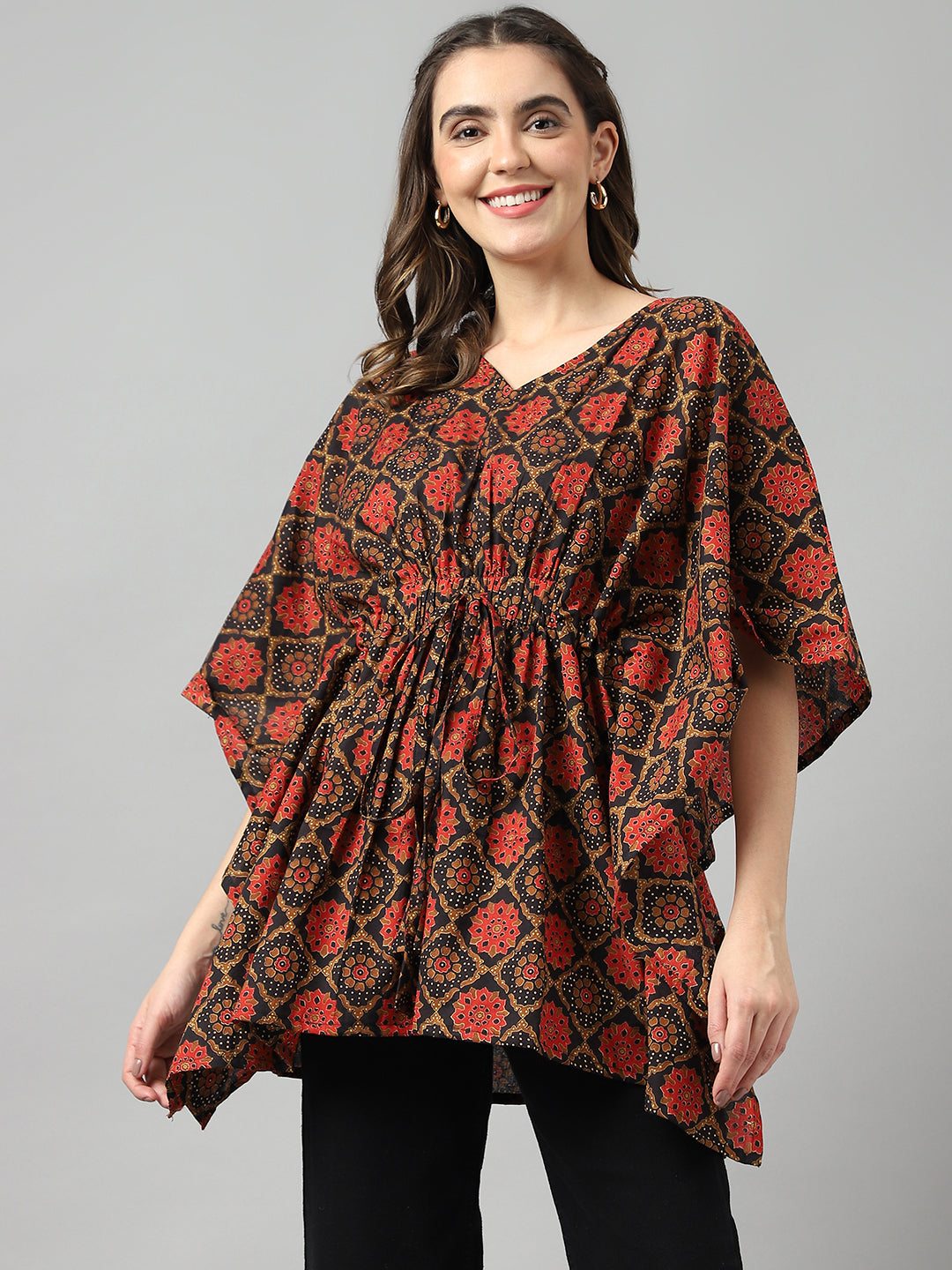 Women's Ajrak Print Pure Cotton Kaftan Top - Deckedup