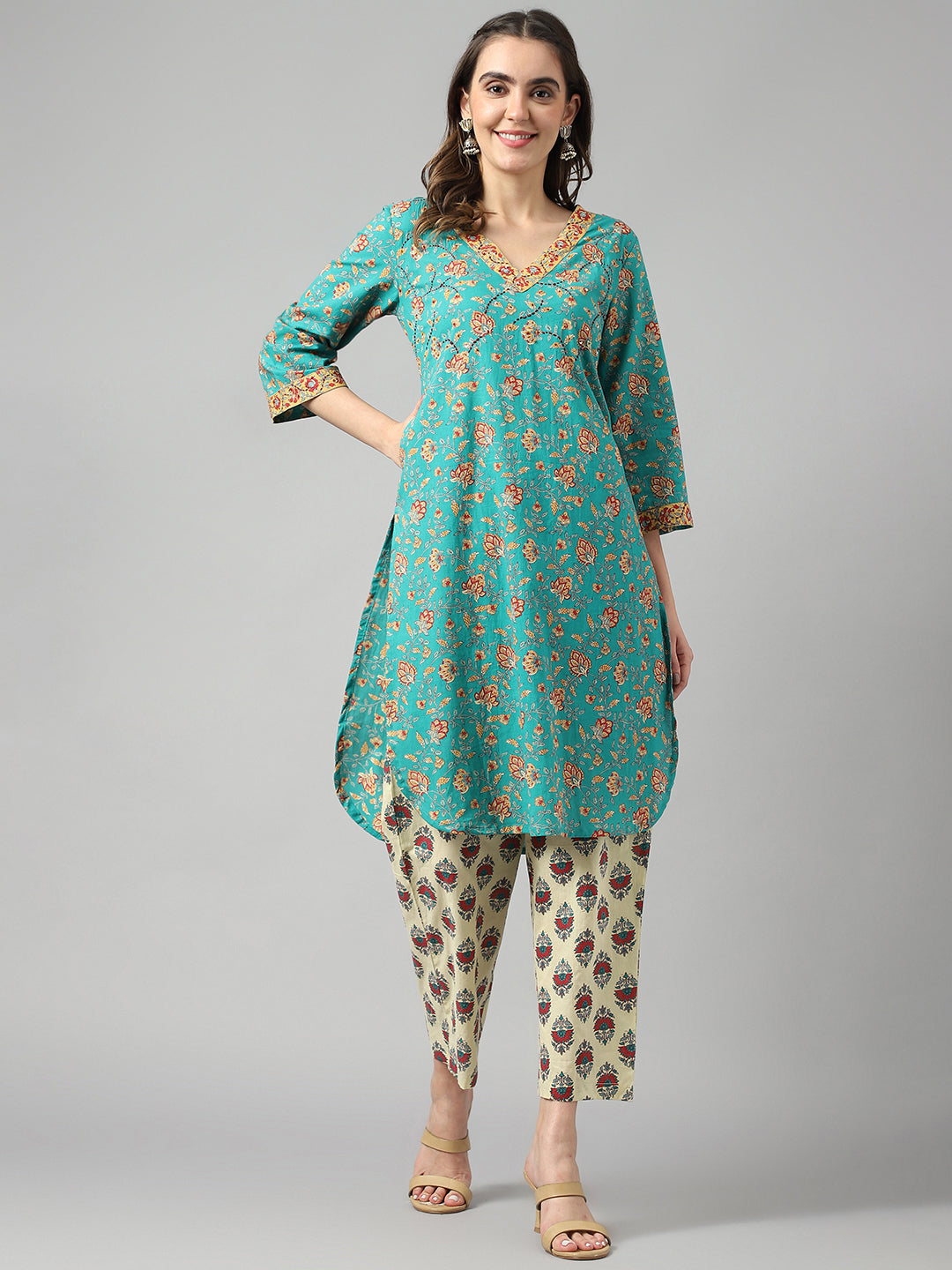 Women's Turqouise Cotton Emboriedered Bagh Print Straight Kurta - Deckedup