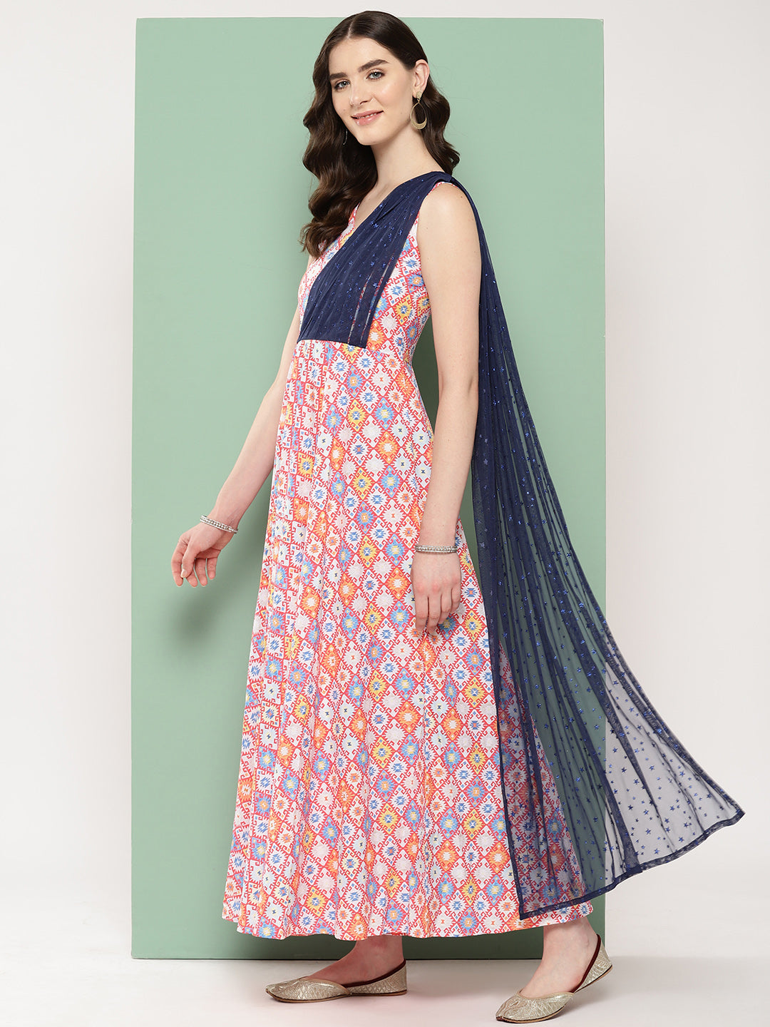 Women's Abstract Printed Empire Ethnic Dress - Ahalyaa