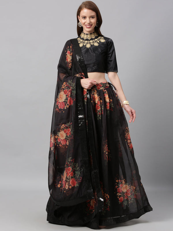 Women's Black Floral Print Organza Fully-Stitched Lehenga - Royal Dwells