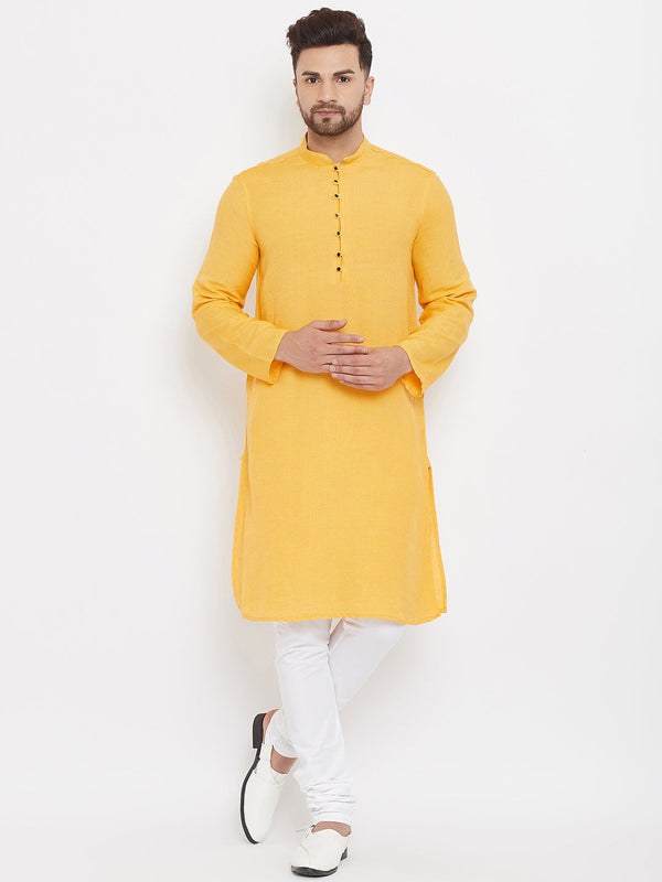 Men's Solid Yellow Placket Detail Cotton Kurta - Even Apparels