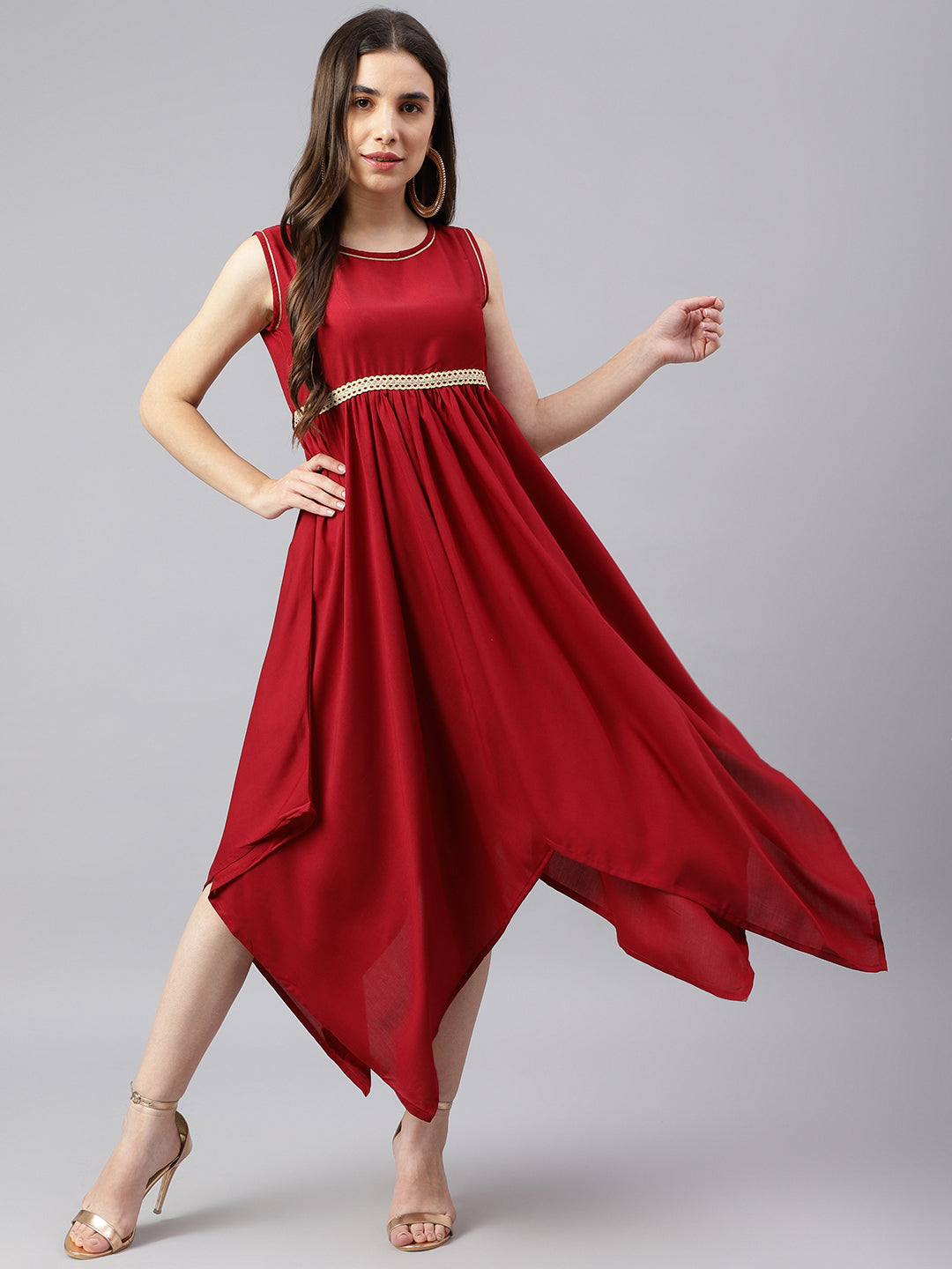 Women's Maroon Ethnic Asymmetric Dress With Belt - Deckedup