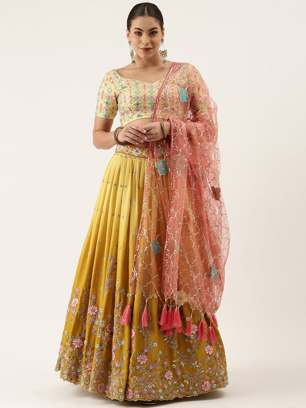 Women's Mustard Pure Georgette Sequince Work Fully Stitched Lehenga & Fully Stitched Blouse With Dupatta - Royal Dwells