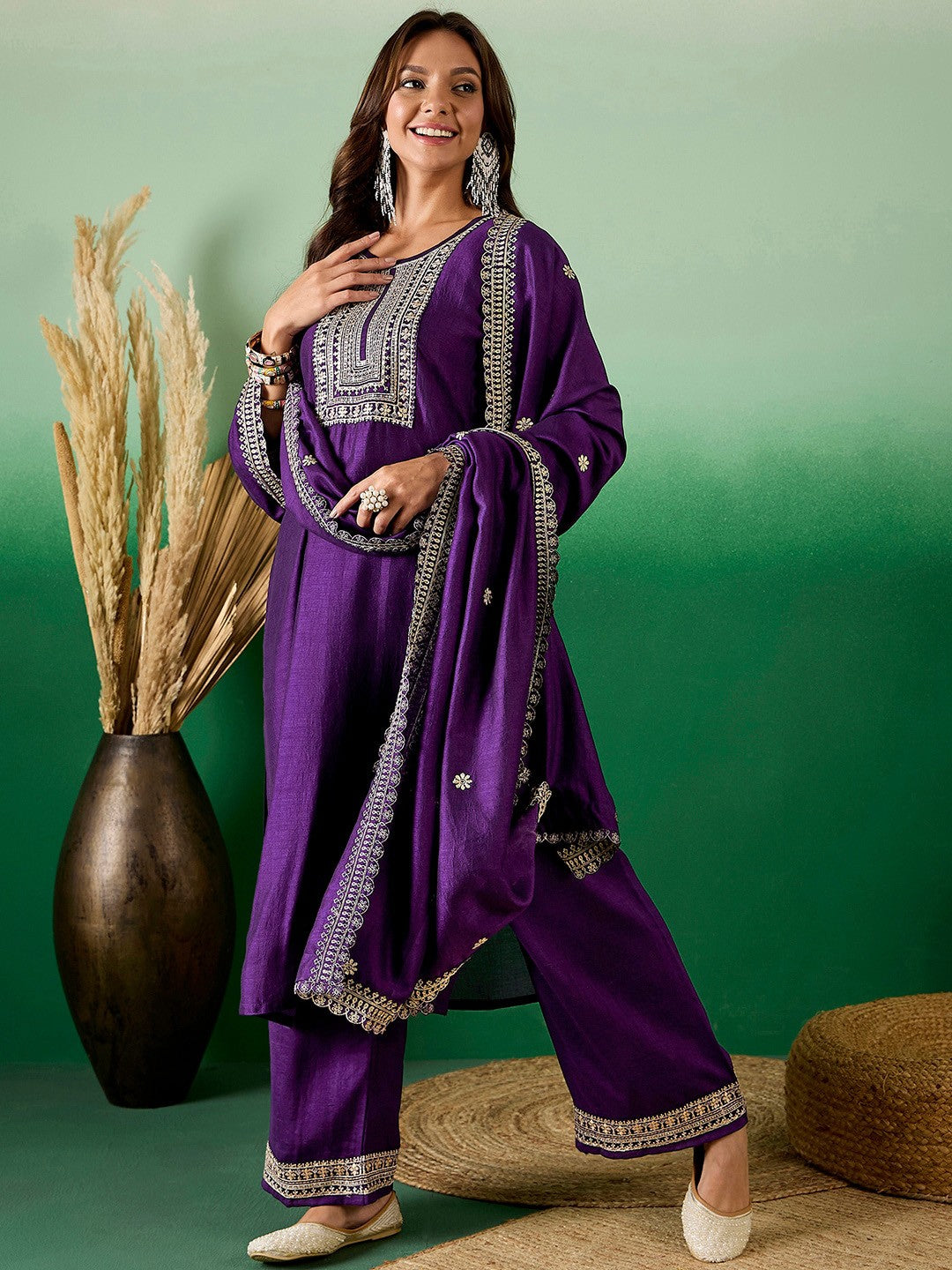 Women's Purple Embroidery Silk Kurta And Pant Set With Dupatta - Alvami