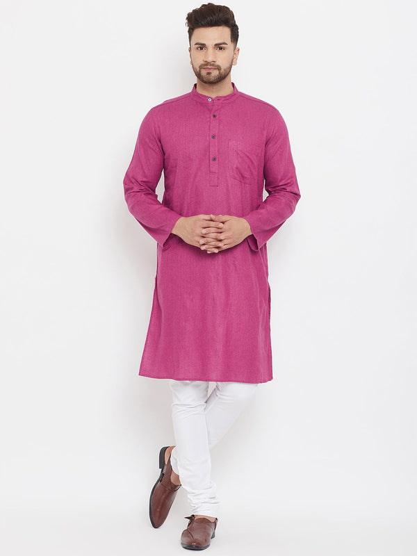 Men's Magenta Solid Cotton Kurta - Even Apparels