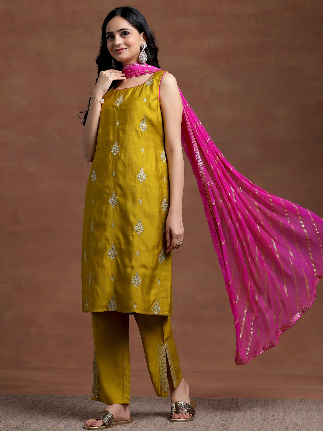 Mustard Embroidered Silk Blend Straight Suit With Dupatta - Jashvi