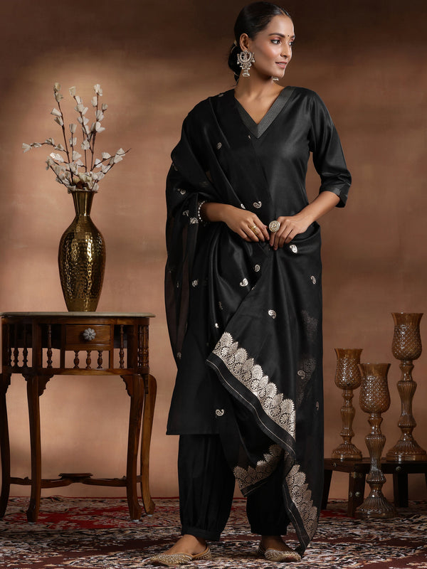 Black Solid Silk Blend Straight Suit With Dupatta