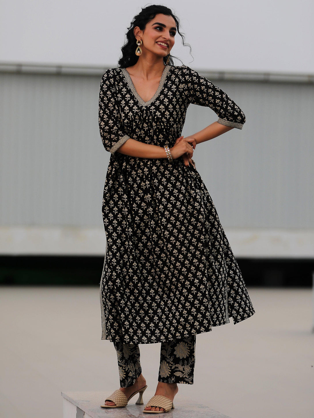 Black Printed Cotton A-Line Kurta With Palazzos - Jashvi