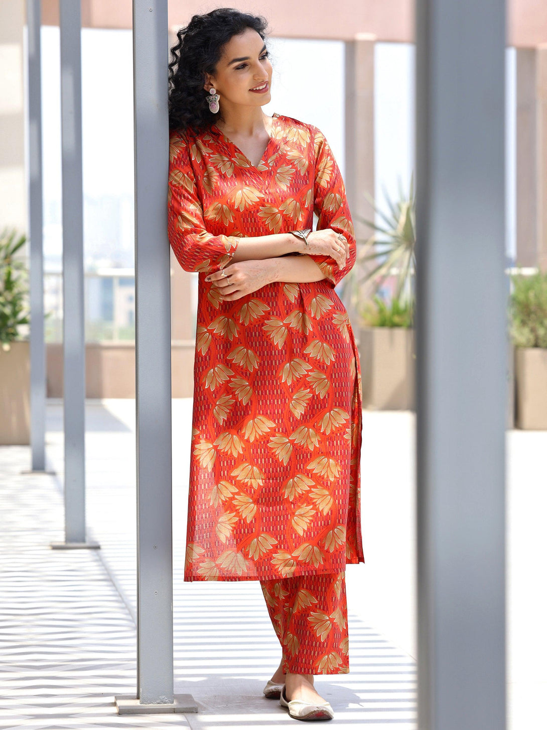 Orange Printed Silk Blend Co-Ords - Jashvi