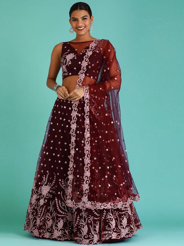 Women's Burgundy Net Sequince Work Lehenga & Blouse, Dupatta - Royal Dwells