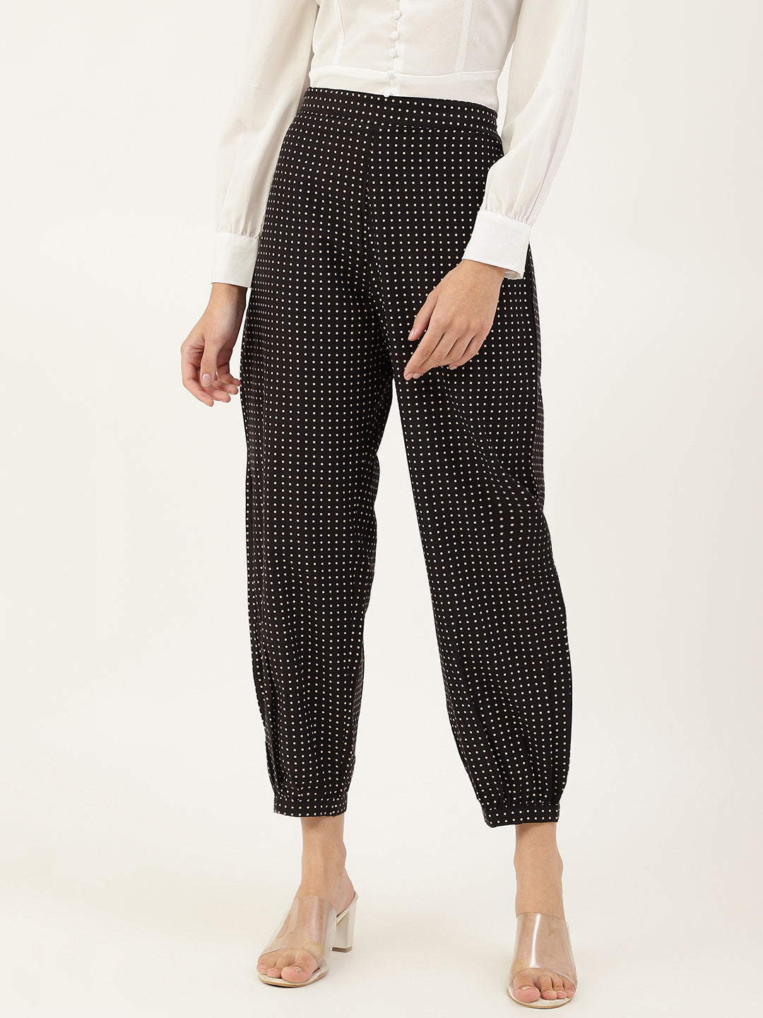 Women's Flat-Front Pants Black And Off-White Printed Mid-Rise Cropped Ethnic Joggers - Deckedup