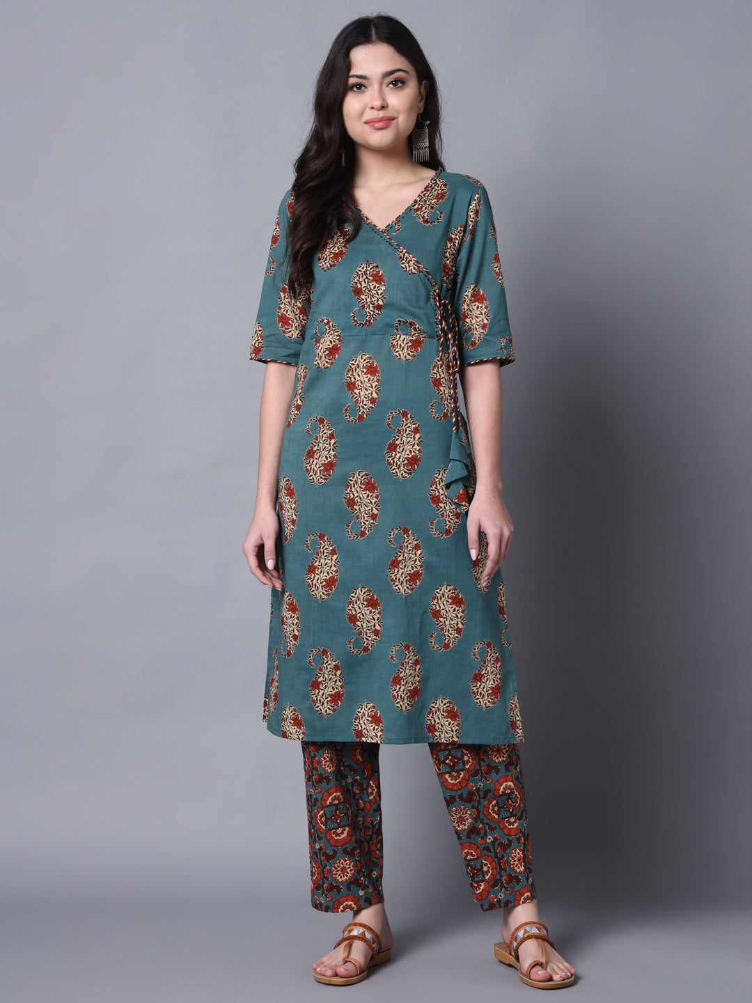 Women's Teal Ethnic Motif Cotton Straight Kurta  - Deckedup