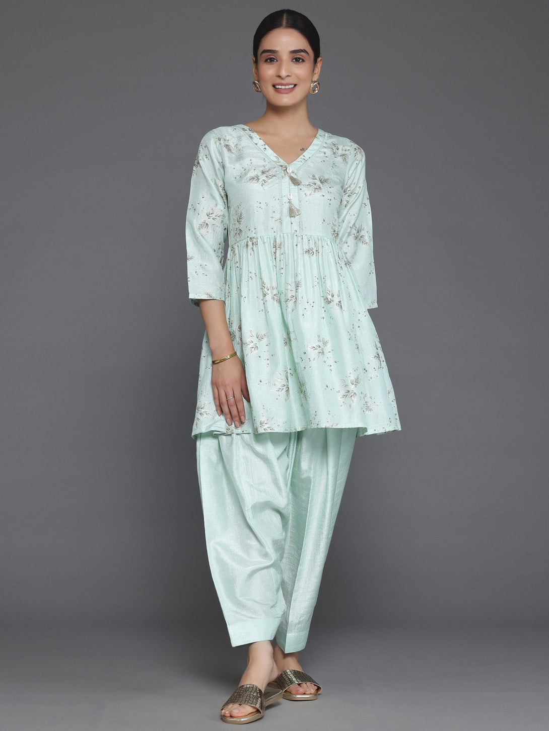 Sea Green Printed Silk Blend A-Line Kurta With Salwar - Jashvi