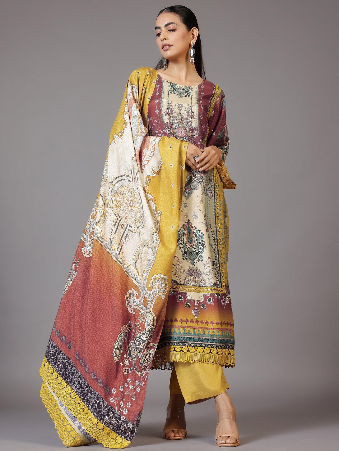 Mustard Printed Silk Blend Straight Suit With Dupatta - Jashvi